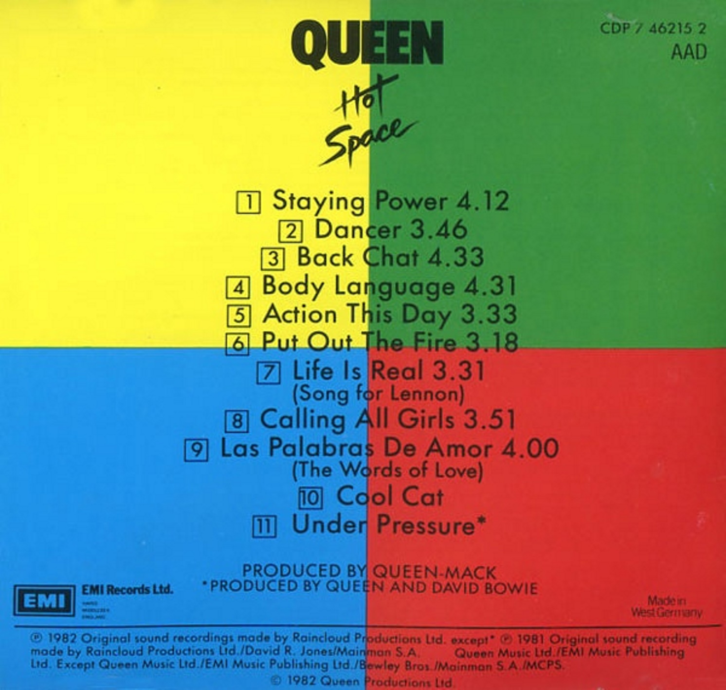 Queen  Hot Space : Front + Inlay